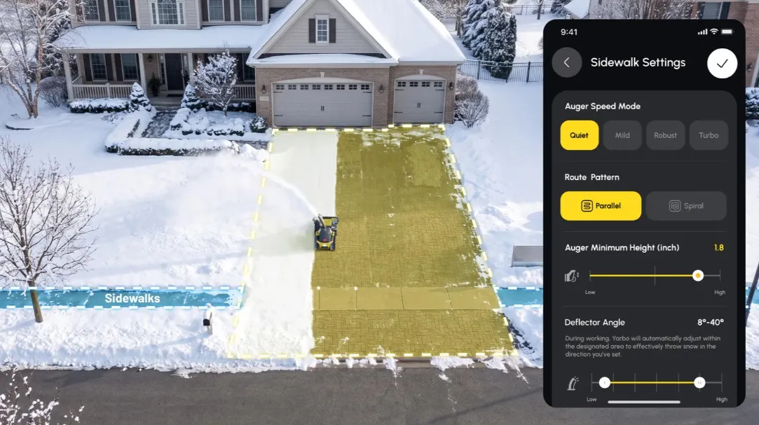 App screenshot of per-zone sidewalk settings: auger speed modes, route pattern, minimum height, and deflector angle