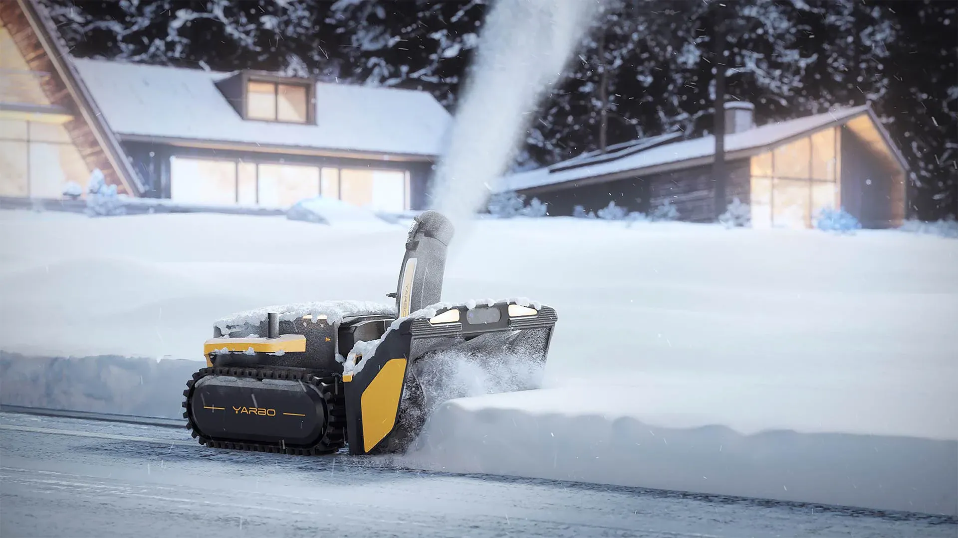 The robot clearing a snow-packed path between cabins during an evening snowfall