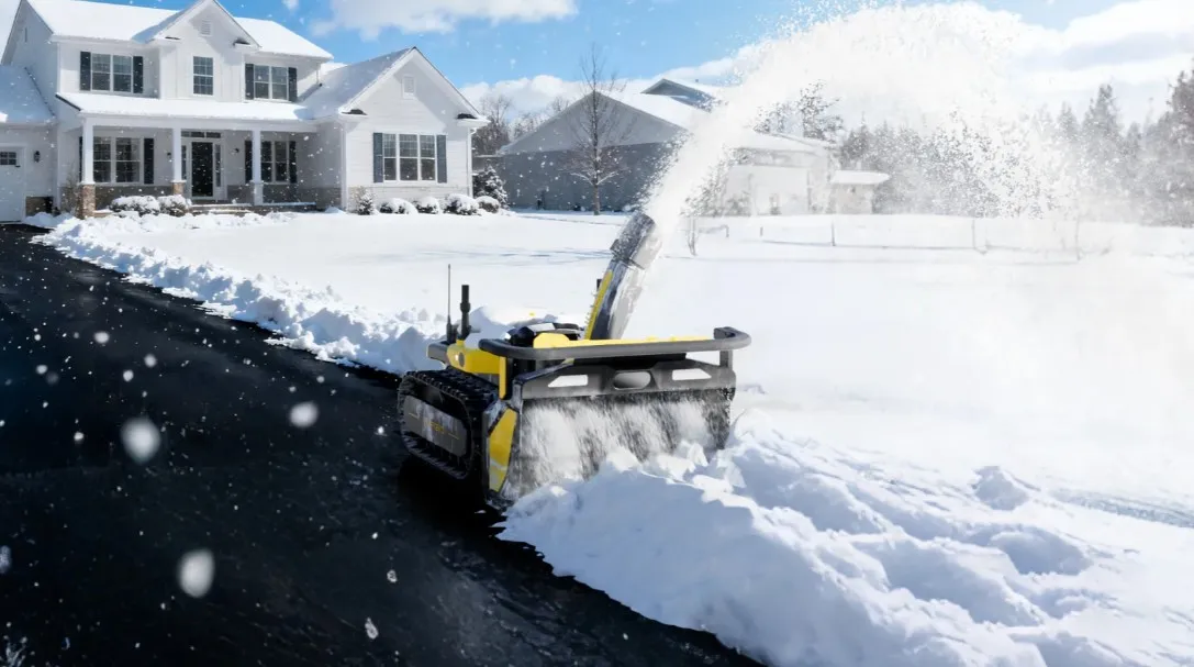 The robot clearing a wide black driveway in front of a large home, throwing a tall arc of snow onto the lawn