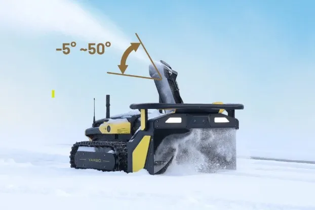 The robot throwing snow with the deflector angle range of minus 5 to 50 degrees illustrated