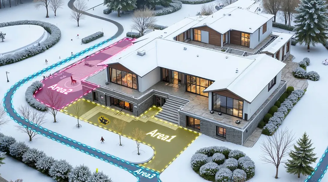 Aerial view of a property with three mapped clearing areas outlined across the driveway, patio, and sidewalk