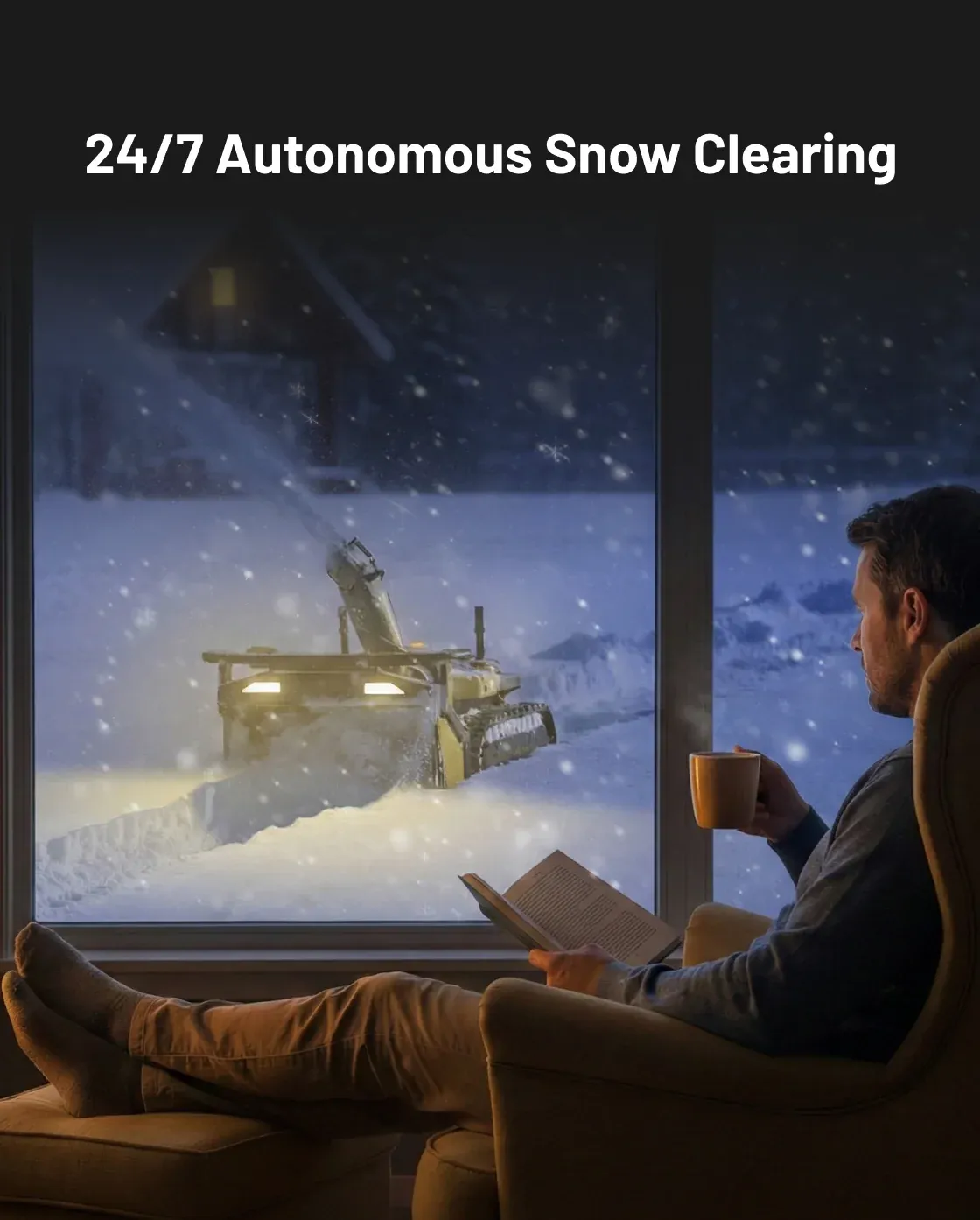 A man reading with a coffee by the window while the robot clears snow outside in the dark